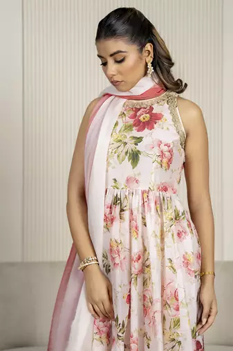 Peach chanderi floral printed anarkali set
