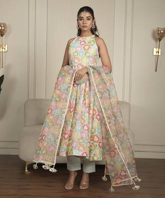 Multi-colored chanderi floral printed anarkali set 1
