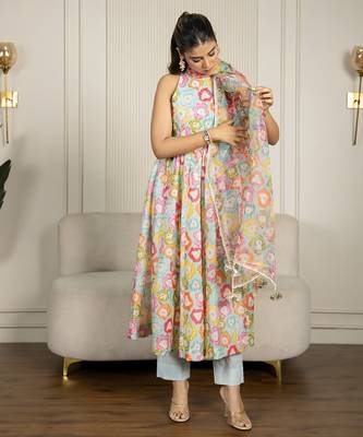 Multi-colored chanderi floral printed anarkali set 2