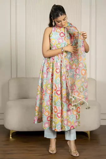 Multi-colored chanderi floral printed anarkali set
