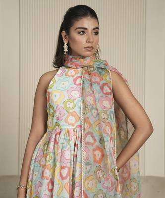 Multi-colored chanderi floral printed anarkali set 3