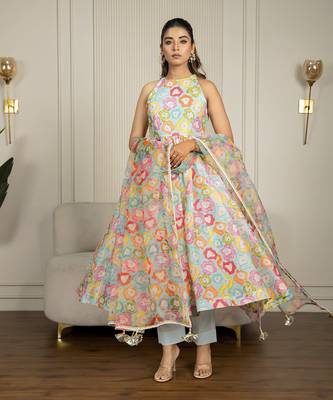 Multi-colored chanderi floral printed anarkali set 4