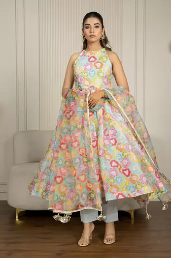 Multi-colored chanderi floral printed anarkali set