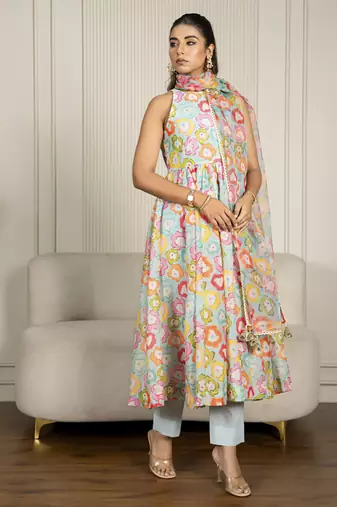 Multi-colored chanderi floral printed anarkali set