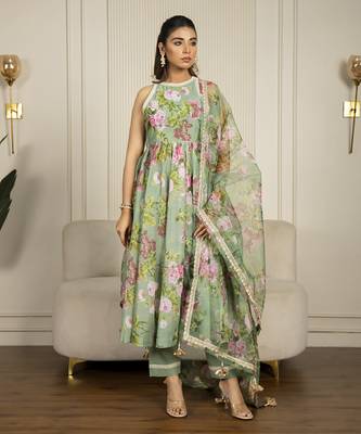 Pista green chanderi floral printed anarkali set 1