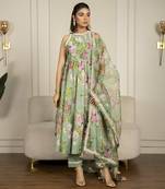 Pista green chanderi floral printed anarkali set