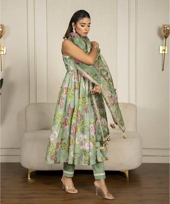 Pista green chanderi floral printed anarkali set 2