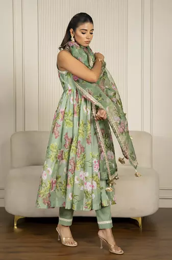 Pista green chanderi floral printed anarkali set