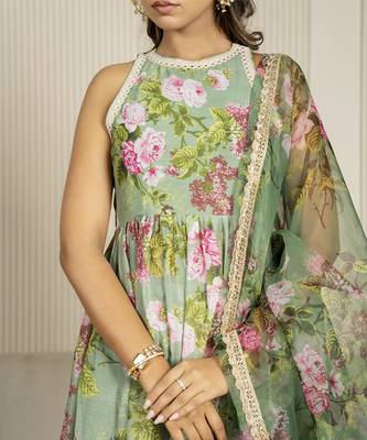 Pista green chanderi floral printed anarkali set 3