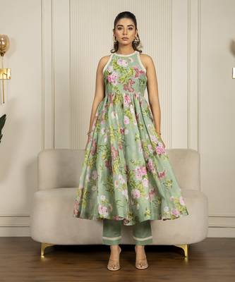 Pista green chanderi floral printed anarkali set 4