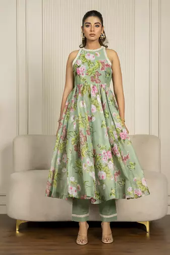 Pista green chanderi floral printed anarkali set