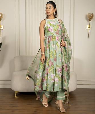 Pista green chanderi floral printed anarkali set 5