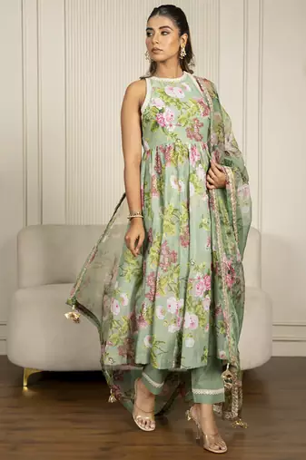 Pista green chanderi floral printed anarkali set