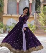 Purple georgette sequins zari embroidered falred gown with heavy dupatta