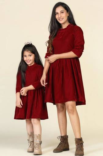Twirl in tandem: maroon samaira velvet dresses for mom & daughter