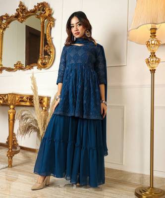Embroidered sequinned anarkali kurti and sharara with dupatta 1