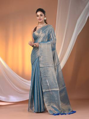 Blue tissue soft saree with pompom 1