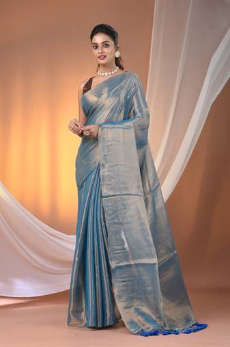 Blue tissue soft saree with pompom