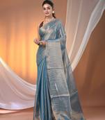 Blue tissue soft saree with pompom