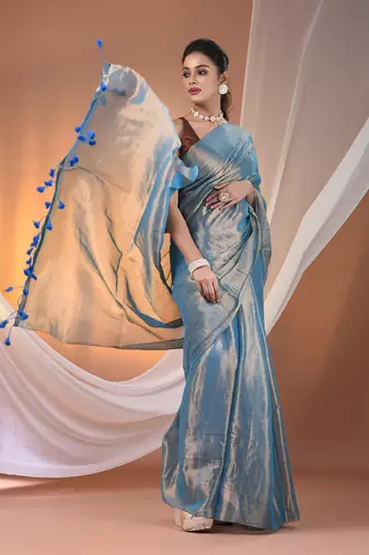 Blue tissue soft saree with pompom