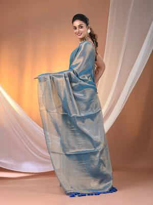 Blue tissue soft saree with pompom 3