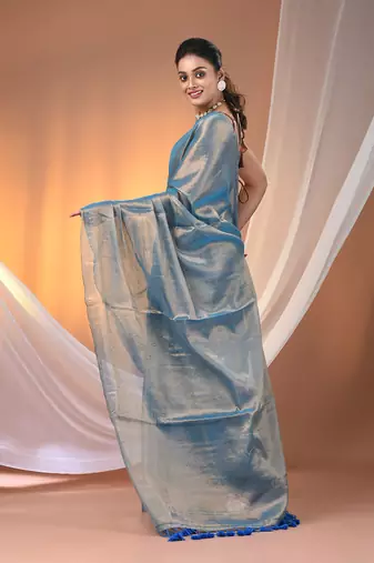 Blue tissue soft saree with pompom