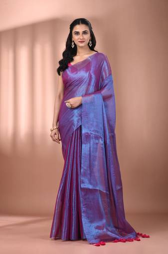 Violet dual tone tissue soft saree with pompom