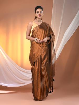 Copper tissue soft saree with pompom 1