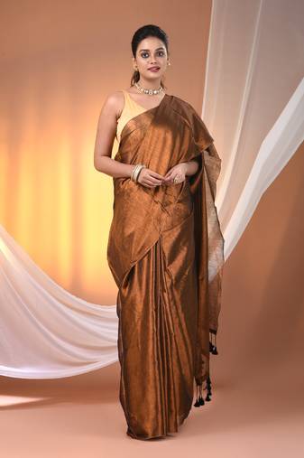 Copper tissue soft saree with pompom