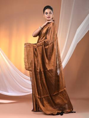 Copper tissue soft saree with pompom 2