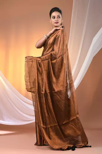 Copper tissue soft saree with pompom