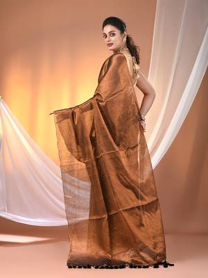 Copper tissue soft saree with pompom 3