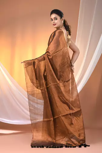 Copper tissue soft saree with pompom
