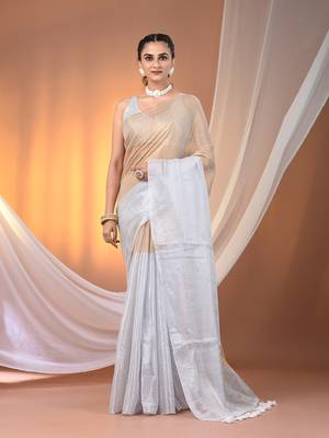 Golden and white tissue soft saree with pompom 1