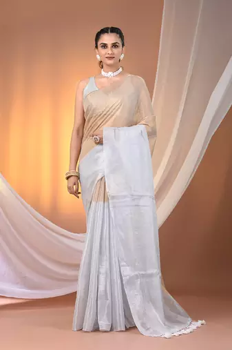 Golden and white tissue soft saree with pompom