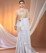 Golden and white tissue soft saree with pompom