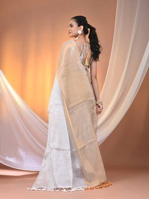 Golden and white tissue soft saree with pompom 3