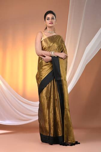 Golden tissue soft saree with pompom