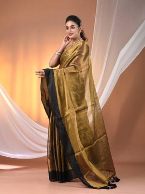 Golden tissue soft saree with pompom 2