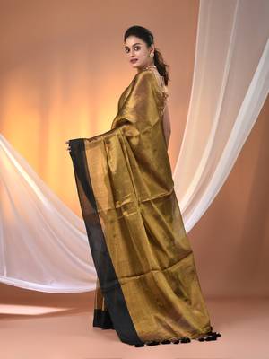 Golden tissue soft saree with pompom 3