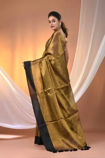 Golden tissue soft saree with pompom