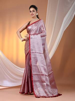 Red tissue soft saree with pompom 1