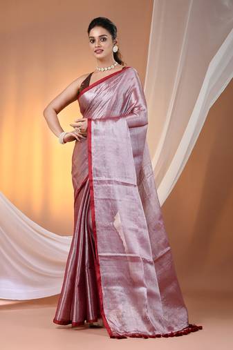 Red tissue soft saree with pompom