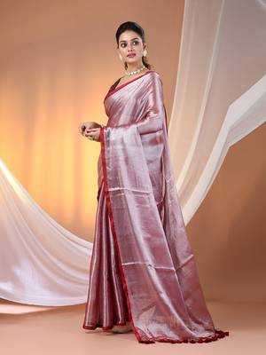Red tissue soft saree with pompom 2
