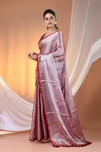 Red tissue soft saree with pompom