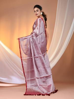 Red tissue soft saree with pompom 3