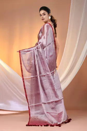 Red tissue soft saree with pompom