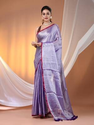 Violet tissue soft saree with pompom 1