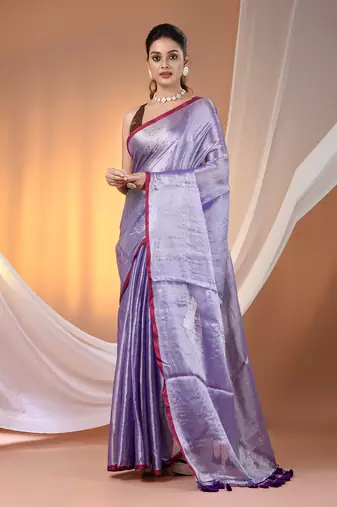 Violet tissue soft saree with pompom