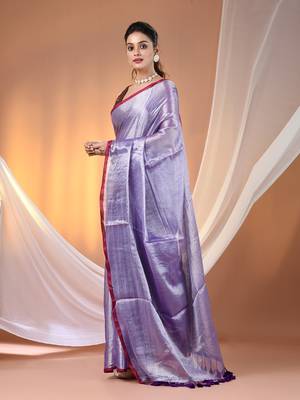 Violet tissue soft saree with pompom 2